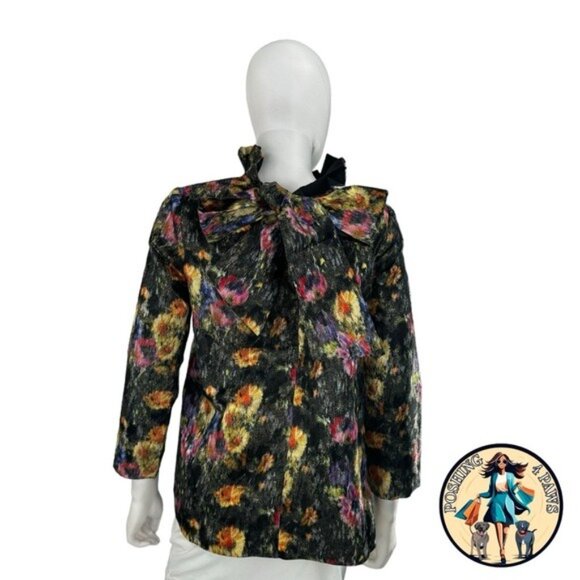 Tuckernuck NEW Midnight Primrose Jacquard Preppy Floral Bow Blouse Size M - Picture 6 of 8